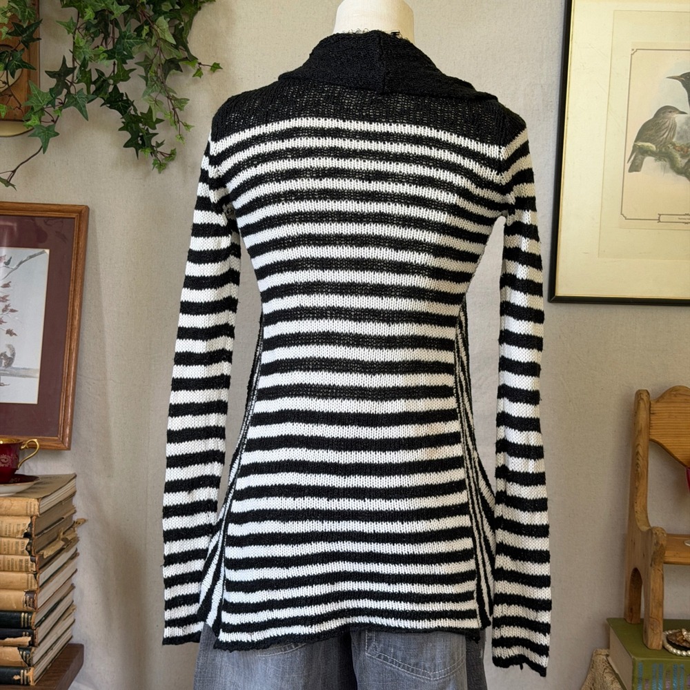 Emo Grunge XS Black White Striped Open Front Draped Cardigan Sweater Knit Y2K - Picture 4 of 5